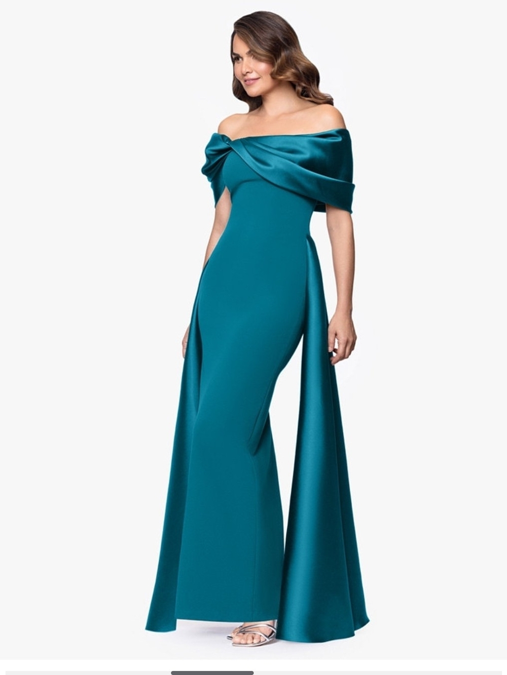 Betsy & Adam Off-Shoulder Teal Evening Ball Gown Emerald Prom Size 6
